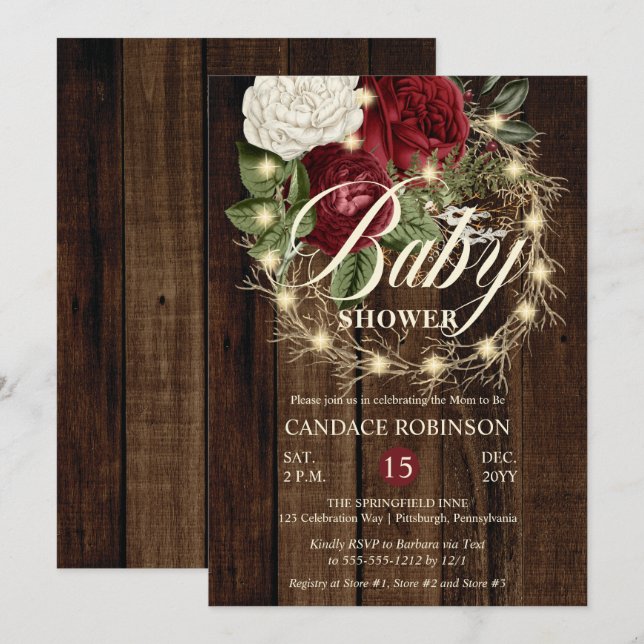 Rustic Woodsy Lighted Wreath Girl Baby Shower Invitation (Front/Back)