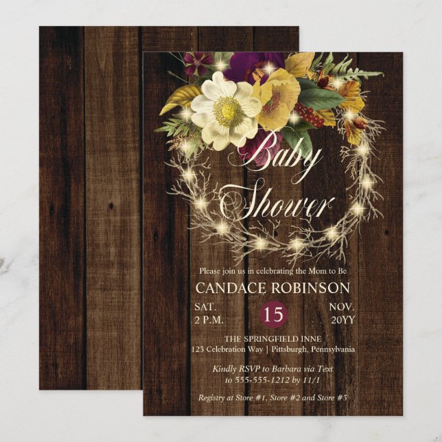 Rustic Woodsy Lighted Wreath Girl Baby Shower Invitation (Front/Back)