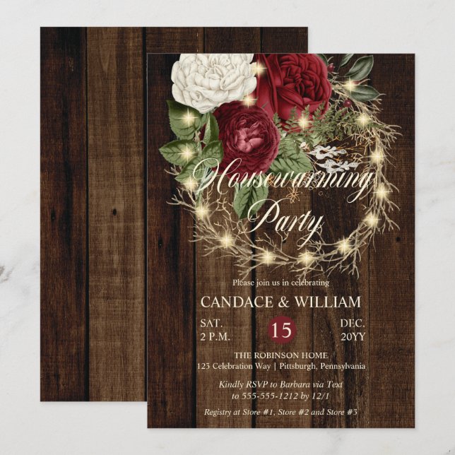 Rustic Woodsy Lighted Wreath Housewarming Party Invitation (Front/Back)