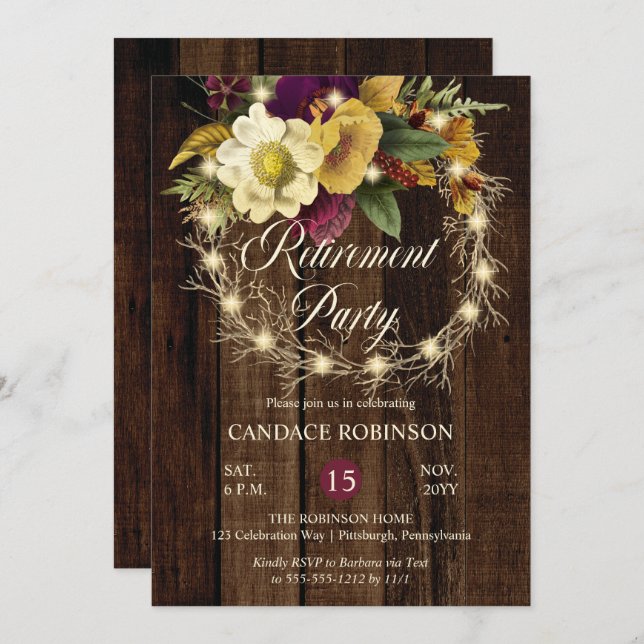 Rustic Woodsy Lighted Wreath Retirement Party Invitation (Front/Back)