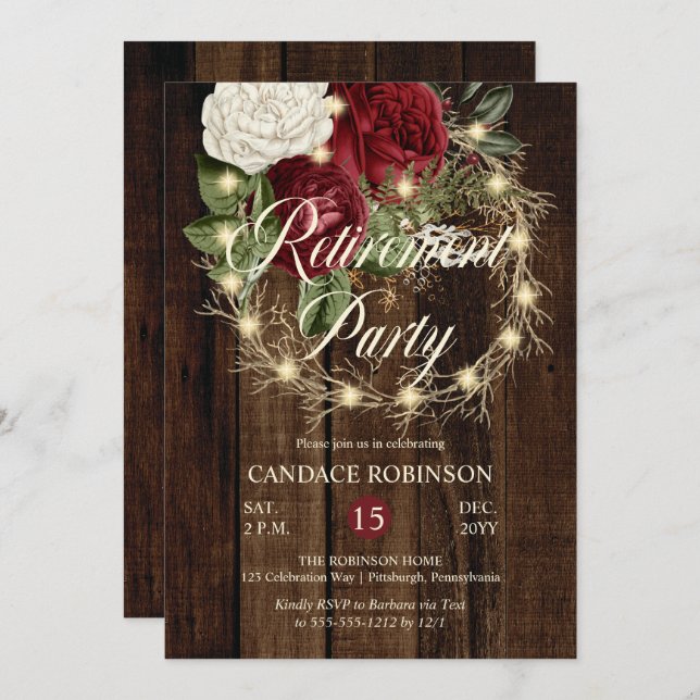 Rustic Woodsy Lighted Wreath Retirement Party Invitation (Front/Back)