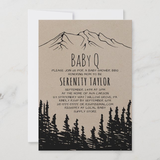 Rustic Woodsy Mountain Baby Q Invitation (Front)