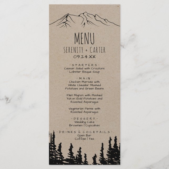 Rustic Woodsy Mountain Dinner Menu Card (Front)