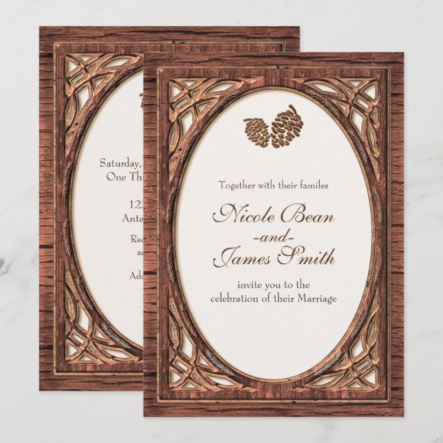 Rustic Woodsy Pine Cone Two Tone Wood Invitations (Front/Back)