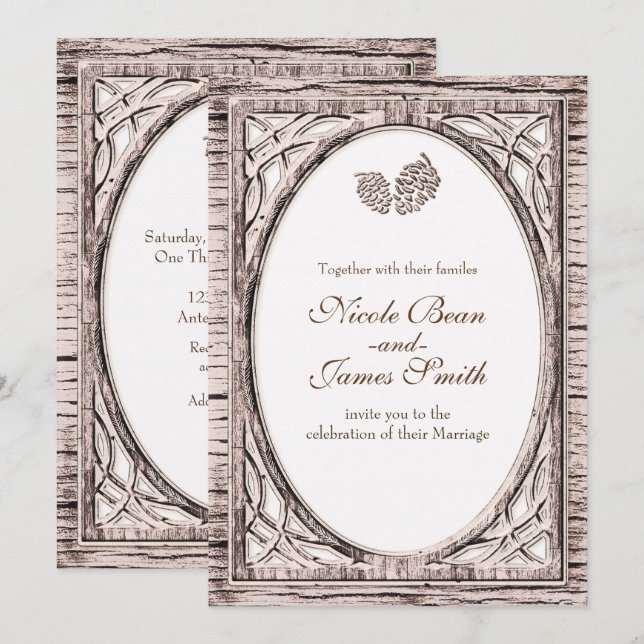 Rustic Woodsy Pine Cone White Wood Invitations (Front/Back)