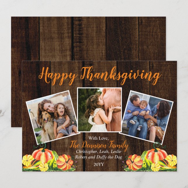 Rustic Woodsy Pumpkins Photo Happy Thanksgiving Holiday Card (Front/Back)