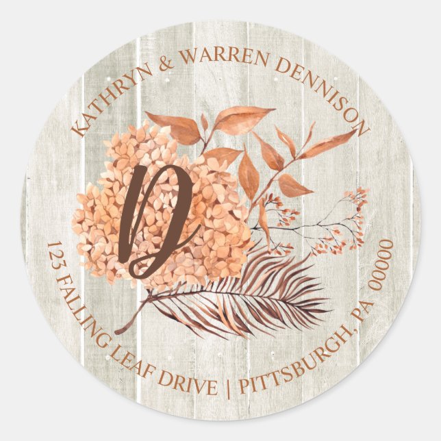 Rustic Woodsy Terracotta Hydrangea Return Address  Classic Round Sticker (Front)