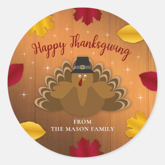 Rustic Woodsy Thanksgiving Turkey Fall Leaves Classic Round Sticker (Front)