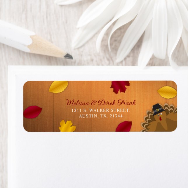 Rustic Woodsy Turkey Fall Red & Gold Leaves Label (Insitu)