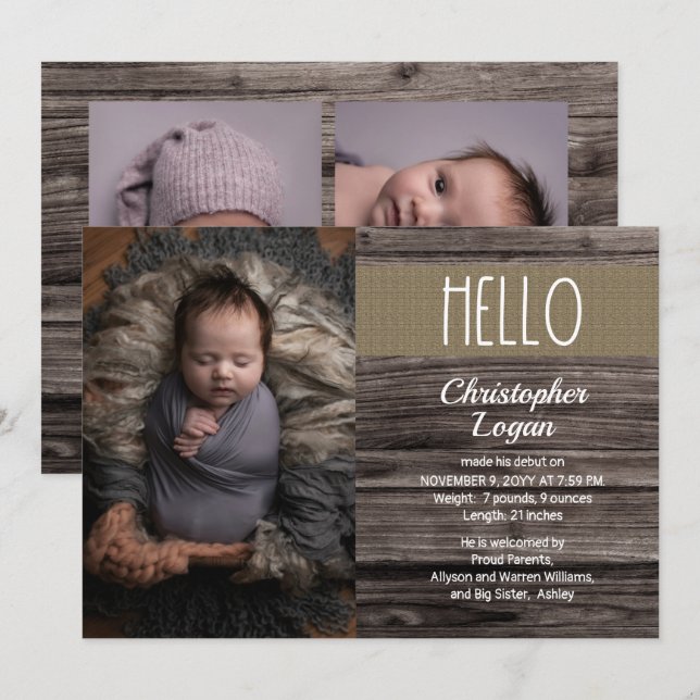 Rustic Woodsy Wood | Burlap Baby Boy Photo Birth A Announcement (Front/Back)