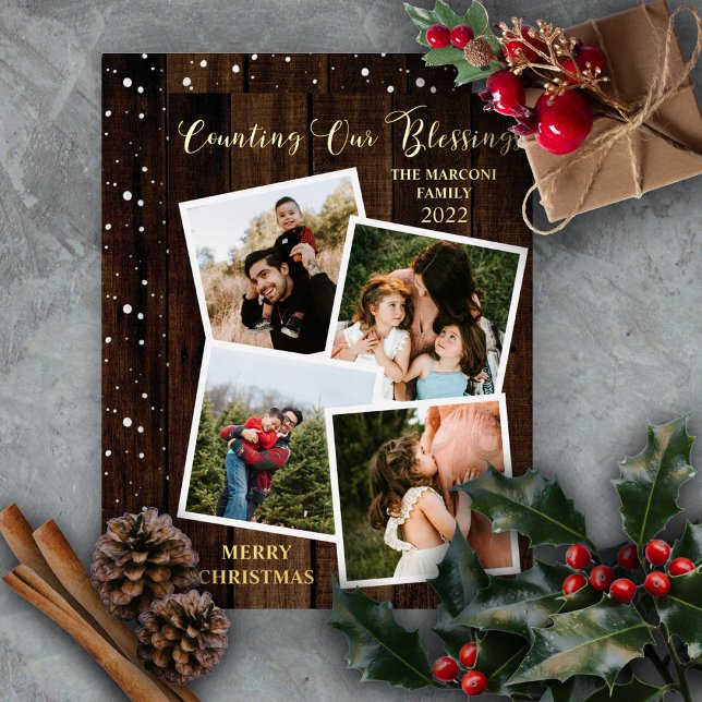 Rustic Woodsy Wood Counting Our Blessings 4 Photo Foil Holiday Card (Creator Uploaded)