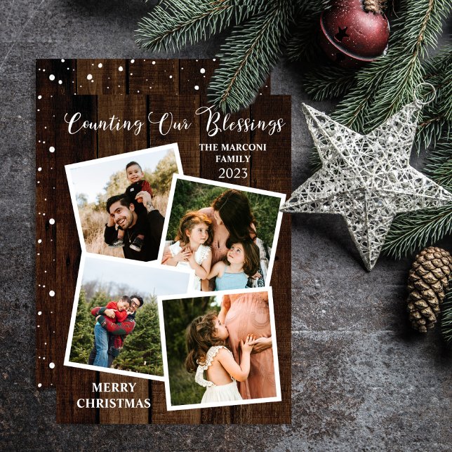 Rustic Woodsy Wood Counting Our Blessings 4 Photo  Holiday Card ("Counting Our Blessings"!  Say "Merry Christmas" in rustic style with this 4 photo holiday card.)