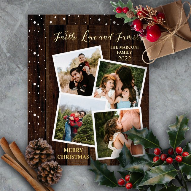 Rustic Woodsy Wood Faith Love and Family 4 Photo F Foil Holiday Card (Creator Uploaded)