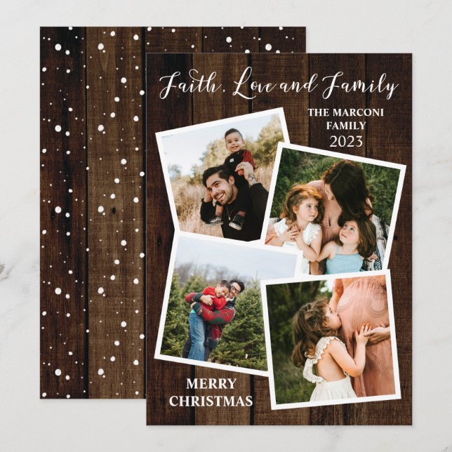 Rustic Woodsy Wood Faith Love and Family 4 Photo  Holiday Card (Front/Back)