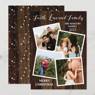 Rustic Woodsy Wood Faith Love and Family 4 Photo  Holiday Card