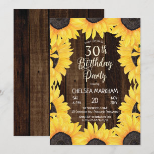 Rustic Woodsy Wood  Sunflowers 30th Birthday Party Invitation