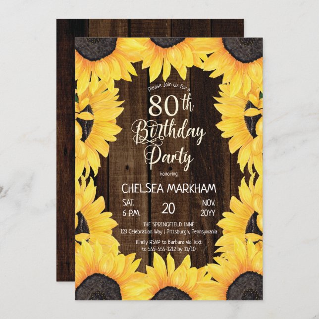 Rustic Woodsy Wood| Sunflowers 80th Birthday Party Invitation (Front/Back)