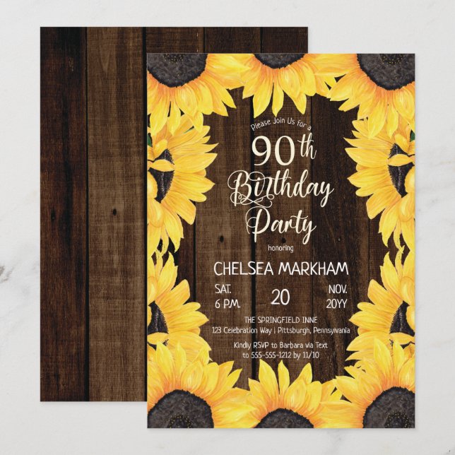Rustic Woodsy Wood| Sunflowers 90th Birthday Party Invitation (Front/Back)