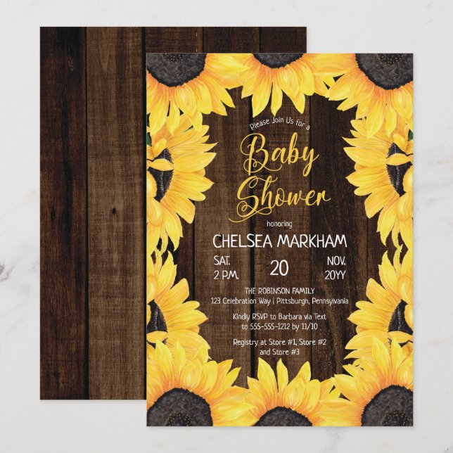 Rustic Woodsy Wood | Sunflowers Girl Baby Shower I Invitation (Front/Back)