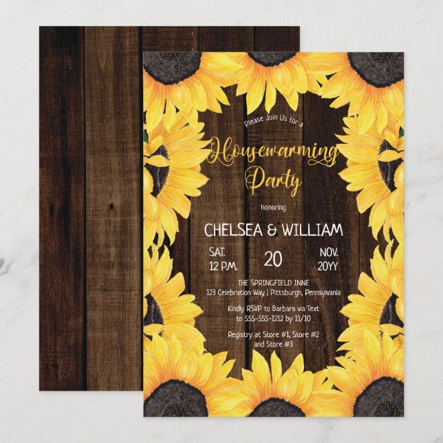 Rustic Woodsy Wood | Sunflowers Housewarming Party Invitation (Front/Back)