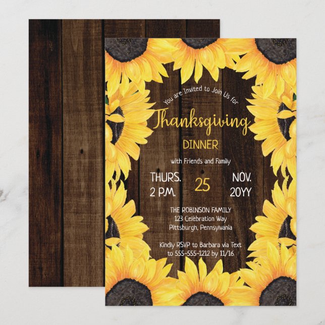 Rustic Woodsy Wood |Sunflowers Thanksgiving Dinner Invitation (Front/Back)