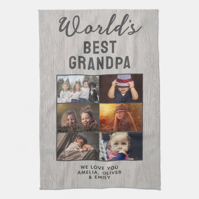 Rustic World's Best Grandpa Wood Custom 6 Photo  Tea Towel (Vertical)