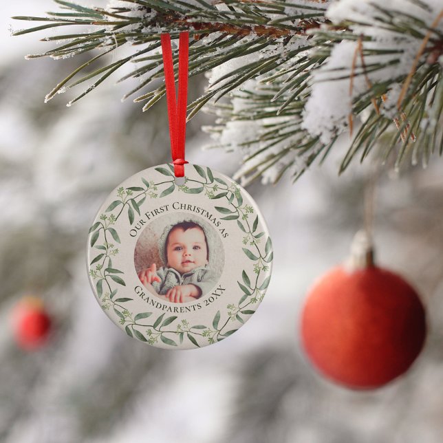 Rustic Wreath 1st Christmas as Grandparent 2 Photo Ceramic Tree Decoration (Creator Uploaded)