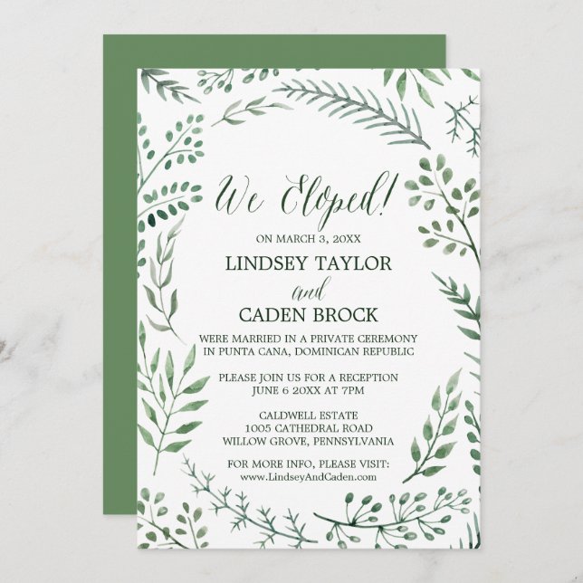 Rustic Wreath and Green Leaves Elopement Reception Invitation (Front/Back)