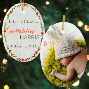 Rustic Wreath Baby's 1st Christmas Photo Ornamen Ornament