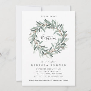 Rustic wreath baptism invitation