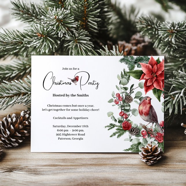 Rustic Wreath Birds Floral Christmas Party Holiday Card (Creator Uploaded)