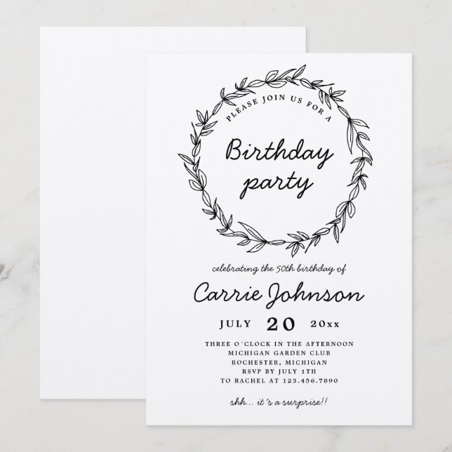 Rustic wreath birthday party invitation (Front/Back)