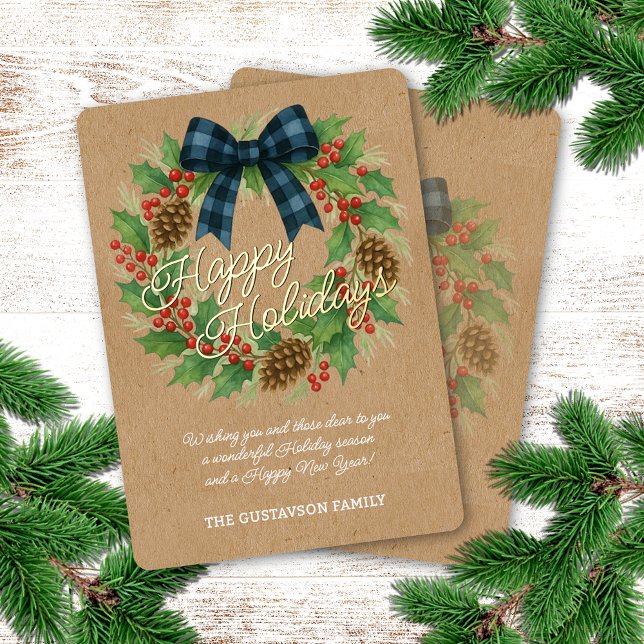 Rustic Wreath Blue Black Chequered Bow Gold Foil Holiday Card (Creator Uploaded)