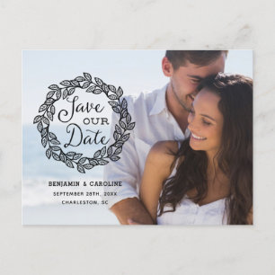 Rustic Wreath   Calligraphy Photo Save the Date Announcement Postcard