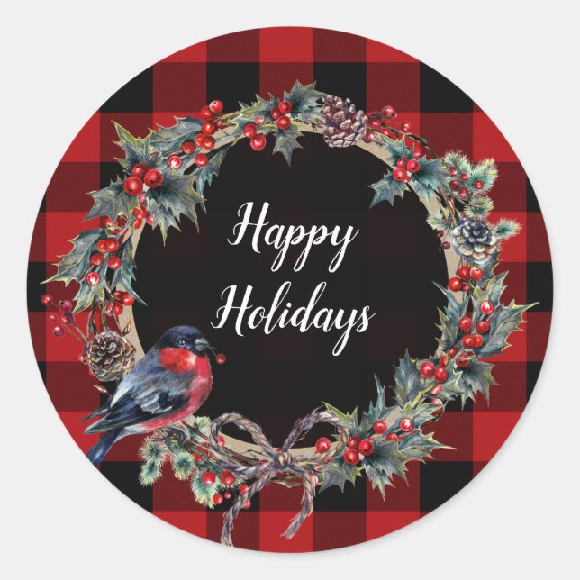 Rustic Wreath Christmas Holiday Red Buffalo Plaid Classic Round Sticker (Front)