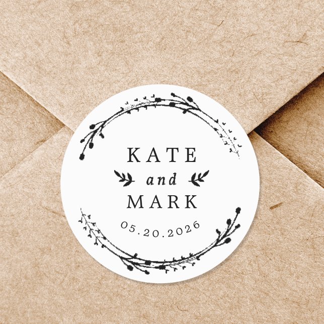 Rustic Wreath Couple Names Wedding Save the Date Classic Round Sticker (Creator Uploaded)