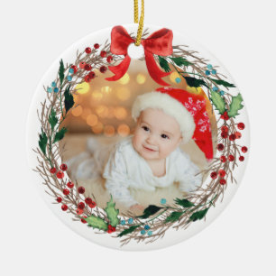 Rustic Wreath Custom Photo Silver Bells and Holly Ceramic Tree Decoration