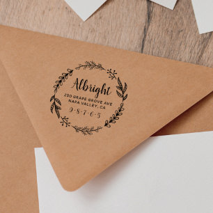 Rustic Wreath Family Name & Budget Return Address Rubber Stamp