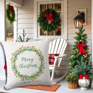 Rustic wreath family name Merry Christmas Cushion