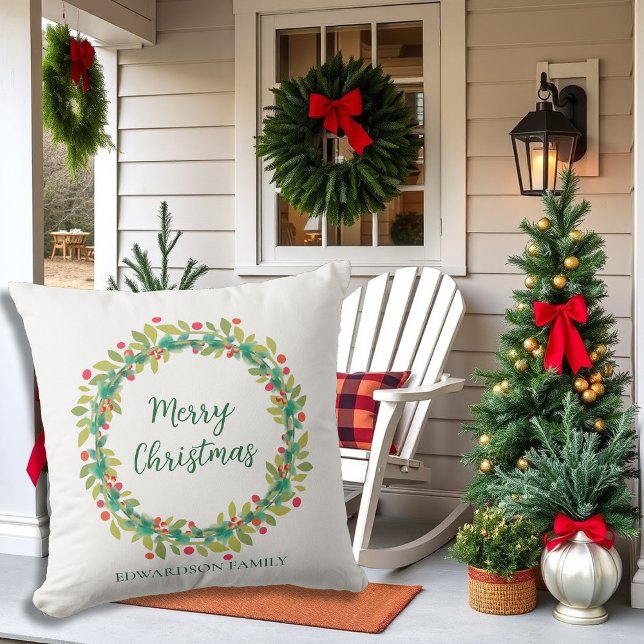 Rustic wreath family name Merry Christmas Cushion (Rustic wreath family name Merry Christmas Outdoor Pillow. Christmas porch decor.)