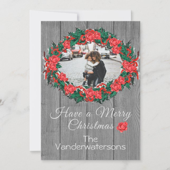 Rustic Wreath Family Photo Grey Wood roses Holiday Card (Front)