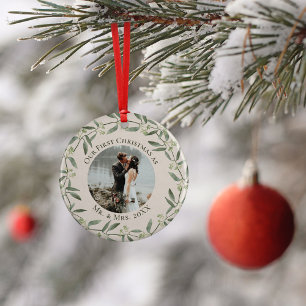 Rustic Wreath First Christmas as Mr & Mrs 2 Photo Ceramic Tree Decoration