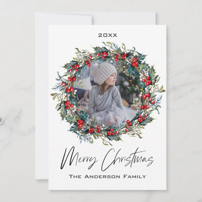 Rustic Wreath Floral Berry Photo Merry Christmas Holiday Card (Front)
