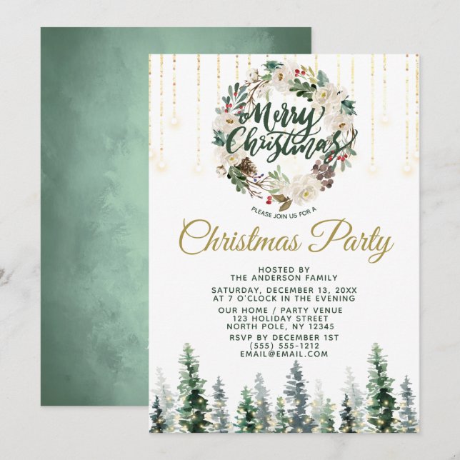 Rustic Wreath Forest Lights Christmas Party Invitation (Front/Back)