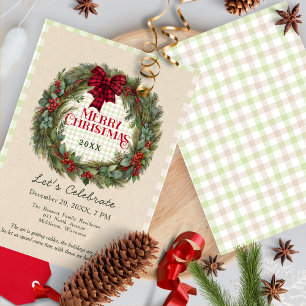 Rustic Wreath Gingham Christmas Party Invitation