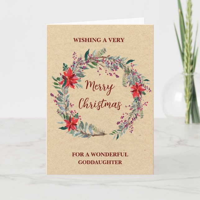 Rustic Wreath Goddaughter Merry Christmas Card (Front)