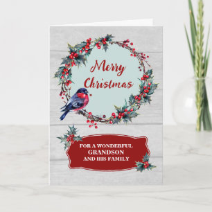 Rustic Wreath Grandson & Family Merry Christmas Card