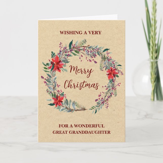 Rustic Wreath Great Granddaughter Merry Christmas Card (Front)
