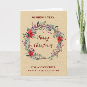 Rustic Wreath Great Granddaughter Merry Christmas Card