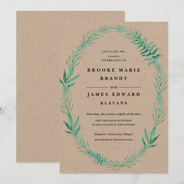 Rustic Wreath Greenery Wedding Invitation (Front/Back)